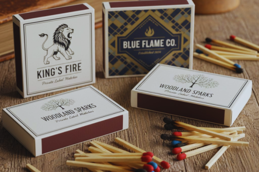 A rustic wood table displays three matchboxes labeled "King's Fire," "Blue Flame Co.," and "Woodland Sparks." Matches with red, blue, and black tips are scattered around, evoking a vintage, crafted ambiance.