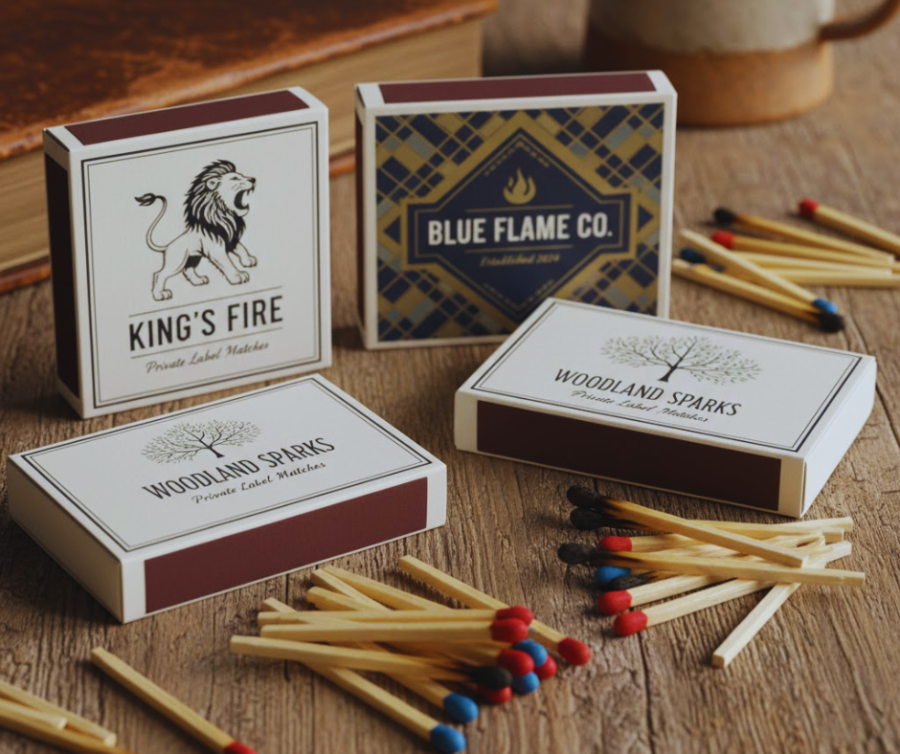 A rustic wood table displays three matchboxes labeled "King's Fire," "Blue Flame Co.," and "Woodland Sparks." Matches with red, blue, and black tips are scattered around, evoking a vintage, crafted ambiance.