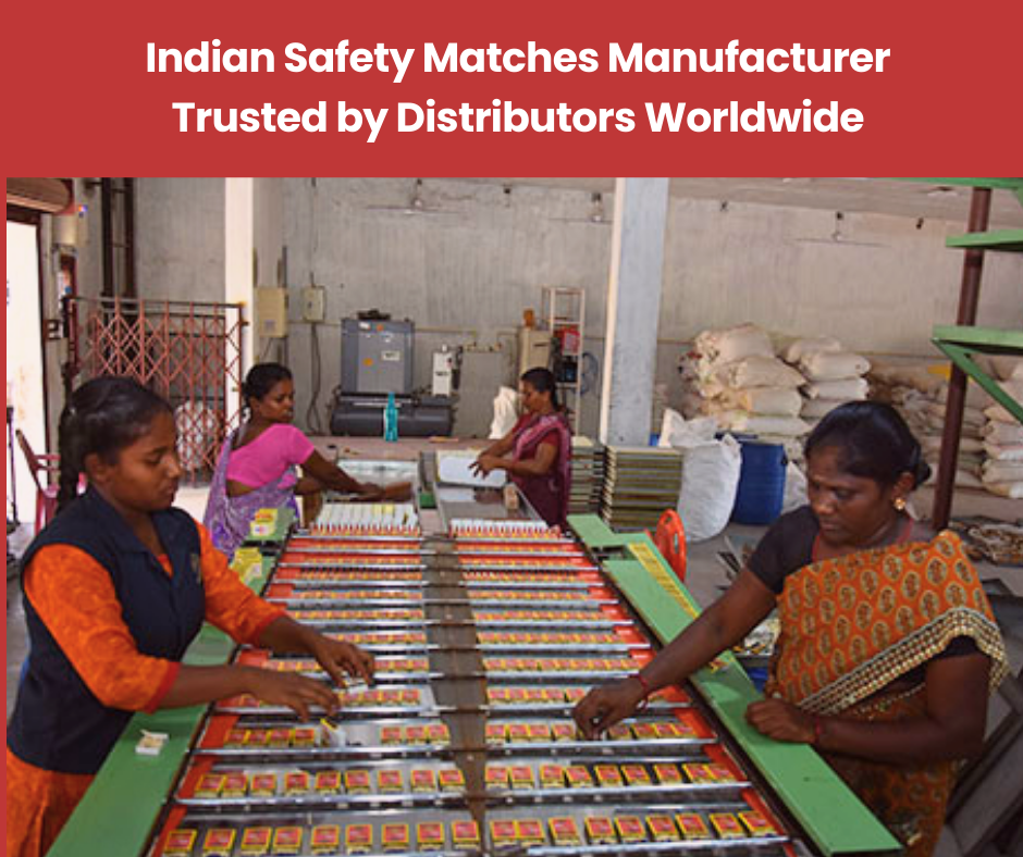 Women in a factory setting pack safety matches into boxes on a large green table. The environment is industrious, conveying teamwork and efficiency.