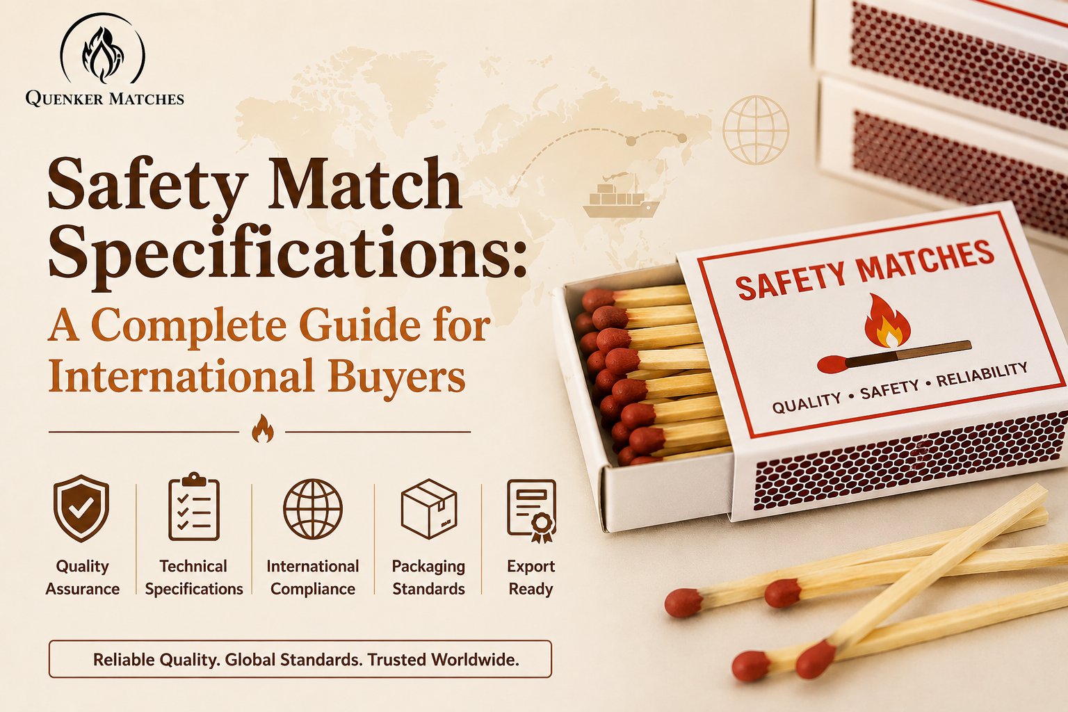 Quenker Matches safety specifications guide with open matchbox and quality standards