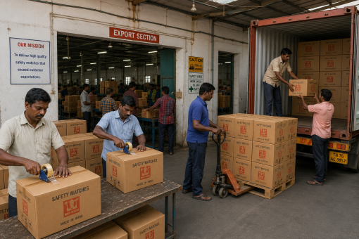 Safety matches export section showing workers packing and loading boxes for international shipping