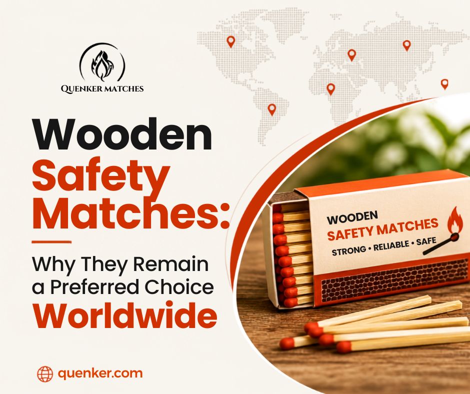 Wooden safety matches in a matchbox showcasing Quenker Matches as a trusted global manufacturer and supplier.