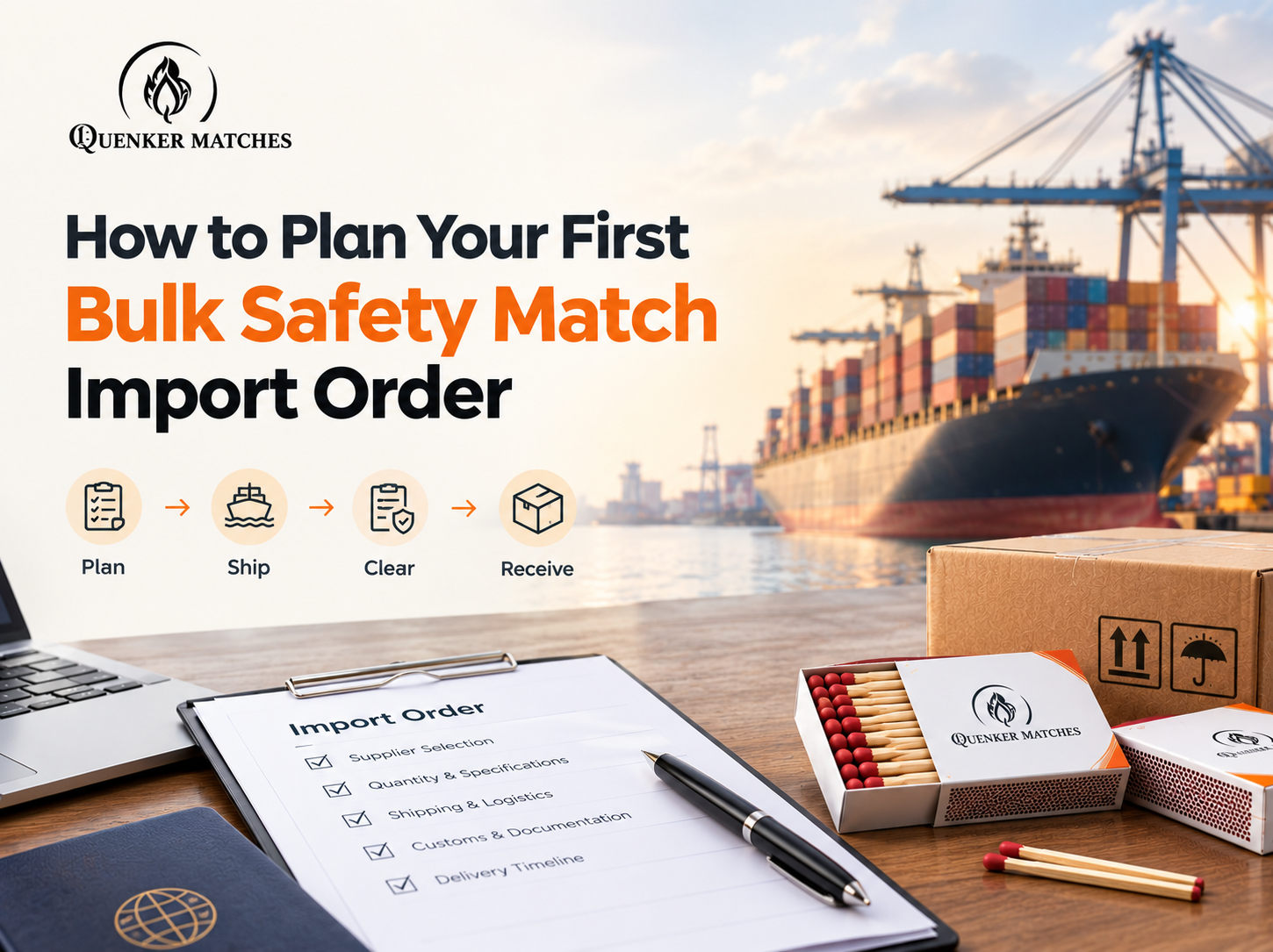 bulk safety match import guide featuring shipping logistics, container vessel, export cartons, and branded safety matchboxes.